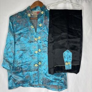 Vintage PEONY Brand Asian S Jacket & Pants 2 Pc Outfit Shanghai China Rayon Blue